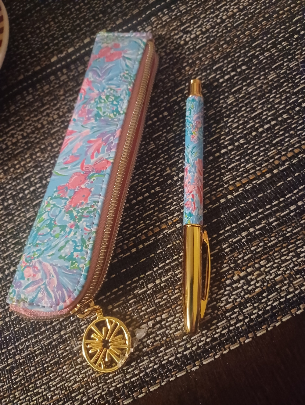 Lily Pulitzer Floral Blue and Pink Gold-Accented Pen with Matching Zip Case